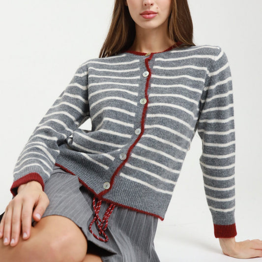 Striped Buttoned Jacket Cardigan – Grey | Wool Blend Knit