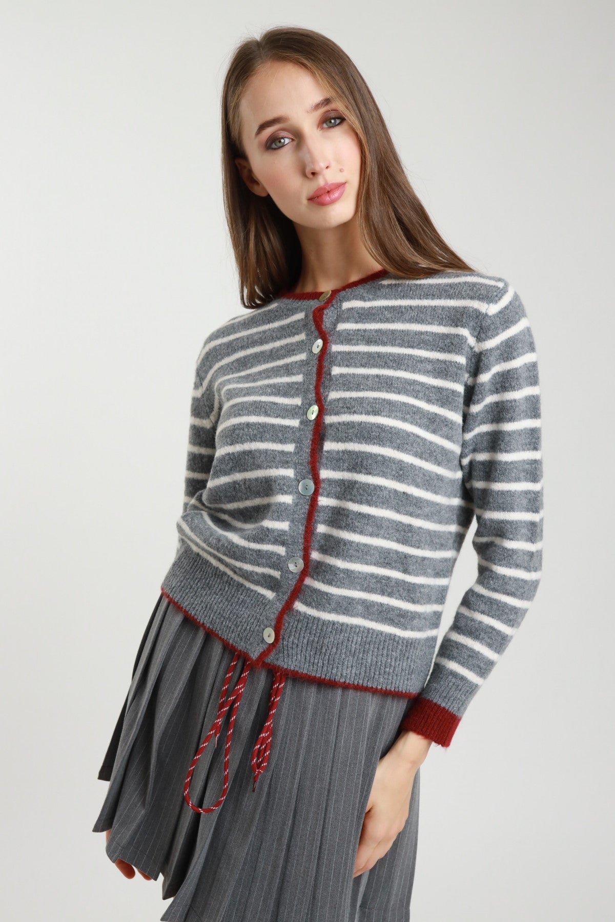 Striped Buttoned Jacket Cardigan – Grey | Wool Blend Knit