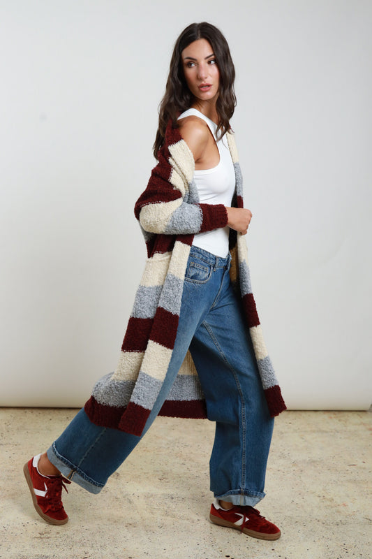 Striped Long Cardigan – Wool & Alpaca Blend Knit