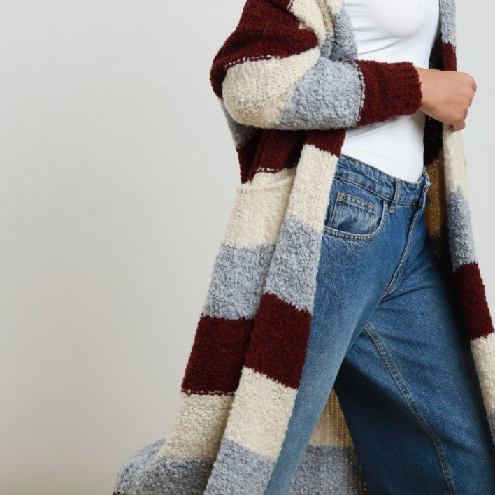 Striped Long Cardigan – Wool & Alpaca Blend Knit