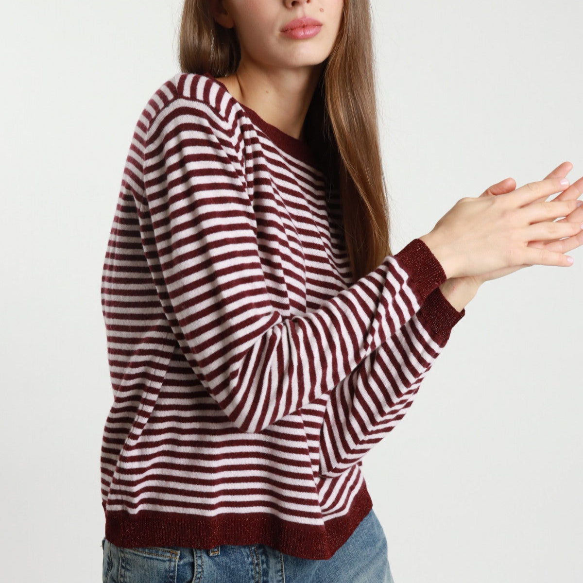 Striped Sweater - Back Button Detail – Wool and Cashmere Blend-Burgundy