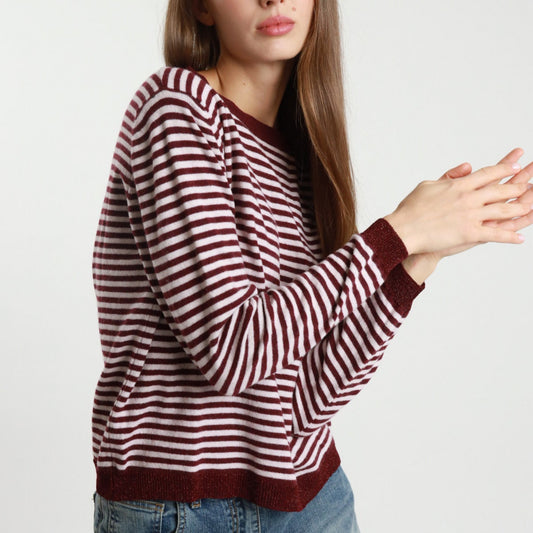 Striped Sweater - Back Button Detail – Wool and Cashmere Blend-Burgundy