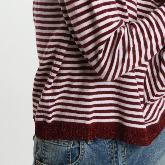 Striped Sweater - Back Button Detail – Wool and Cashmere Blend-Burgundy