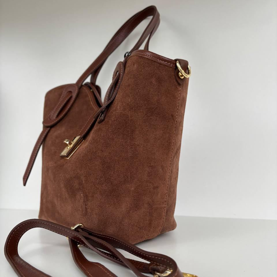 Structured Suede Leather Shoulder Bag with Pouch – Brown, Olive, Beige