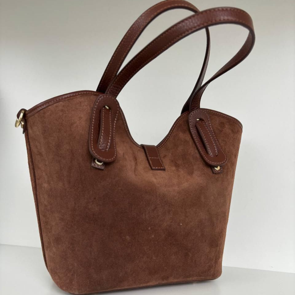 Structured Suede Leather Shoulder Bag with Pouch – Brown, Olive, Beige
