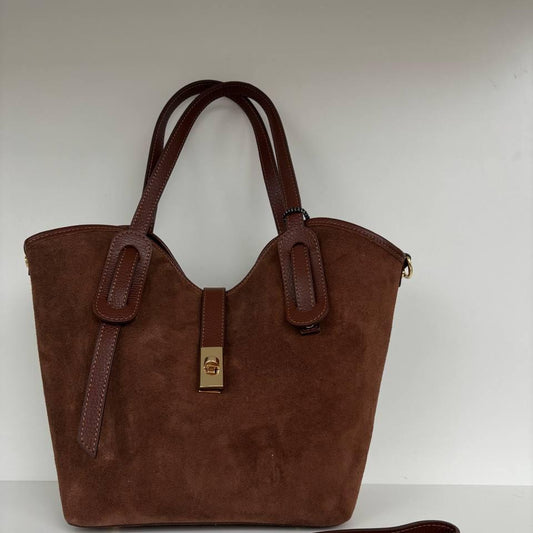 Structured Suede Leather Shoulder Bag with Pouch – Brown, Olive, Beige