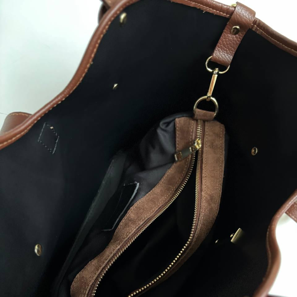 Structured Suede Leather Shoulder Bag with Pouch – Brown, Olive, Beige