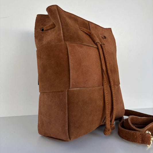 Suede Bag with Ornamental Weave – Tan
