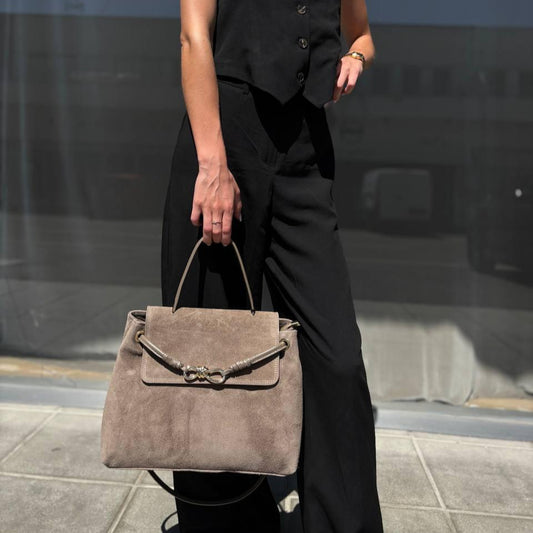 Suede Tote Bag with Magnetic & Zip Closure – Latte