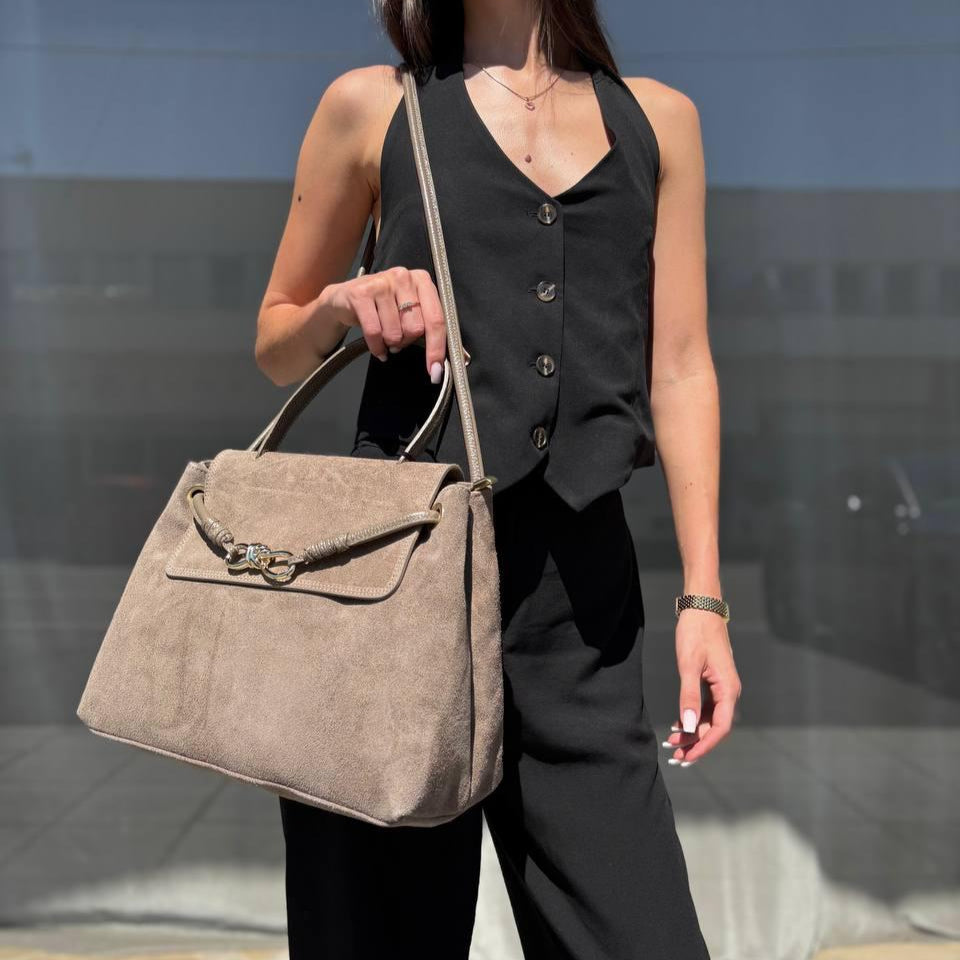 Suede Tote Bag with Magnetic & Zip Closure – Latte
