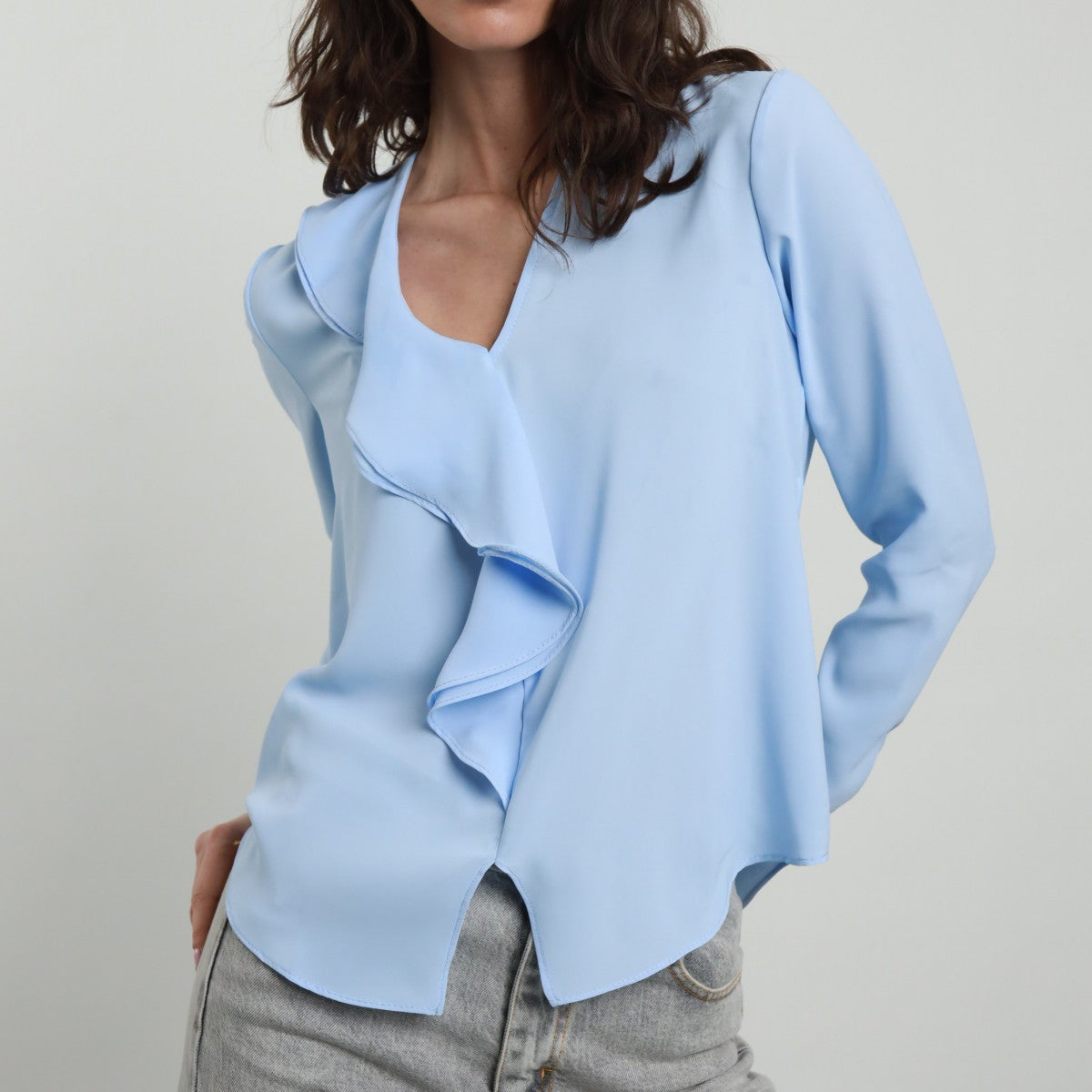 V-Neck Blouse with Ruffles and Front Slit – Elegant and Feminine