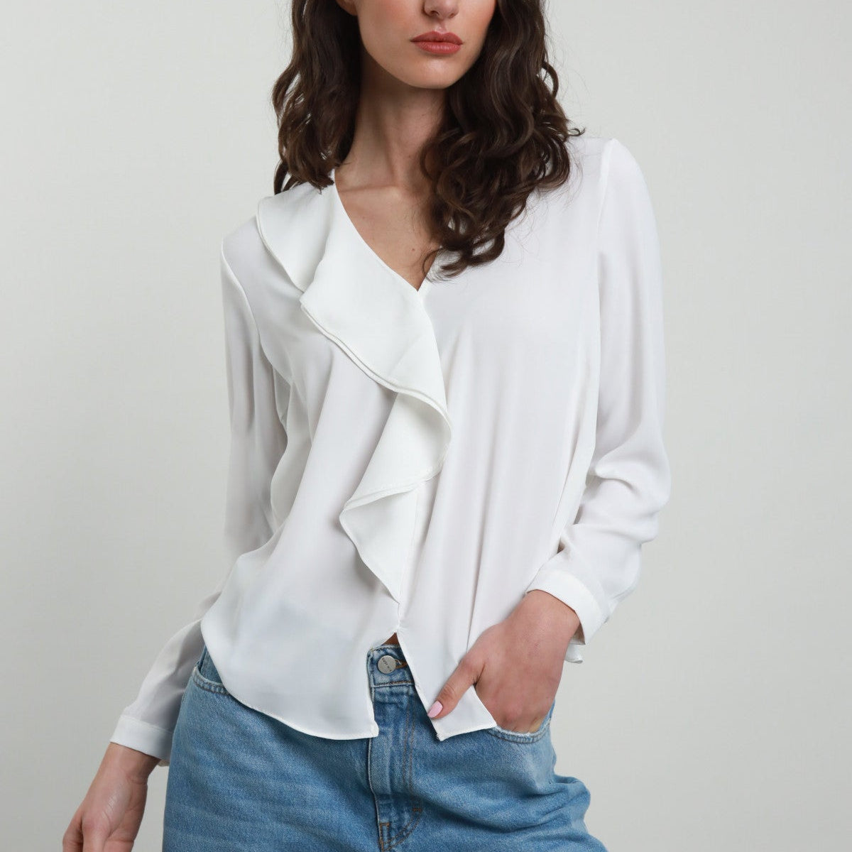 V-Neck Blouse with Ruffles and Front Slit – Elegant and Feminine