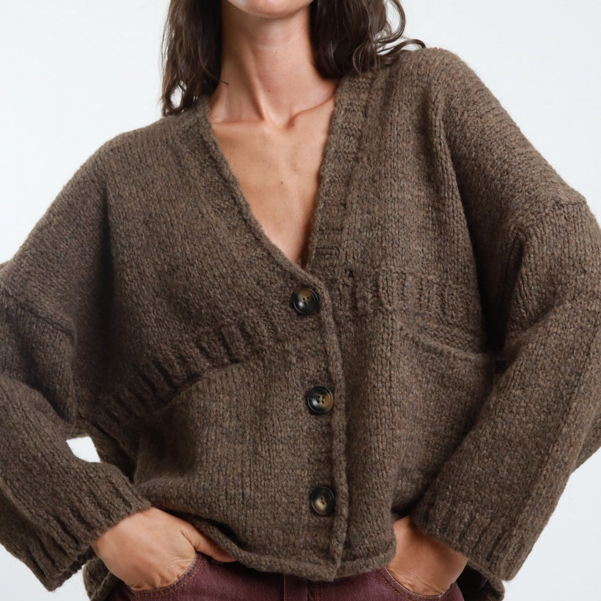 V-Neck Knitted Jacket with Buttons & Pockets