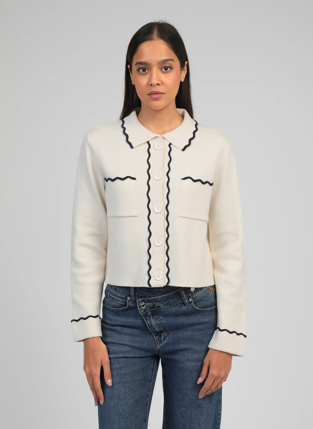 Cream Knit Polo Collar Cardigan by An'ge