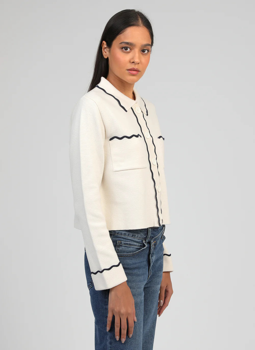 Cream Knit Polo Collar Cardigan by An'ge