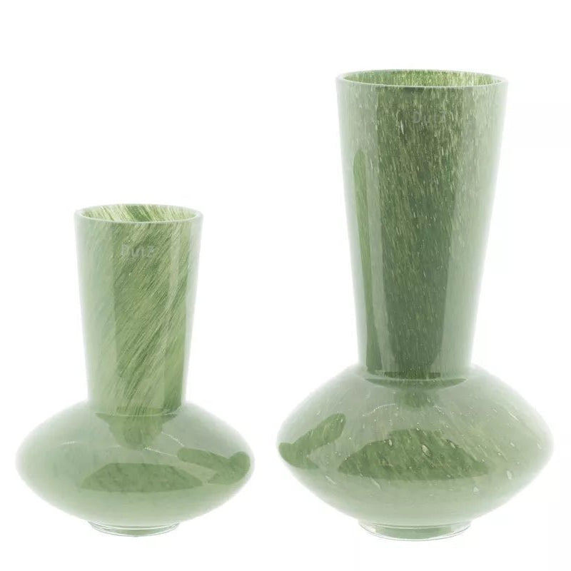 Two green marble-textured vases on a white background