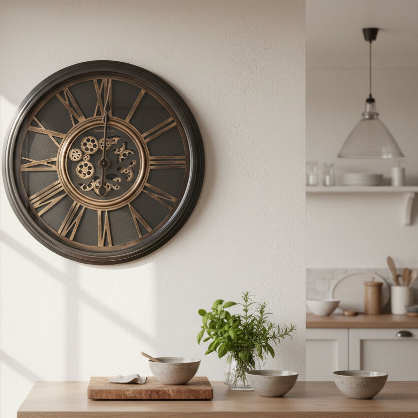 85cm diameter minimalist Howard Miller wall clock with large numbers and silent movement styled in a modern living room.