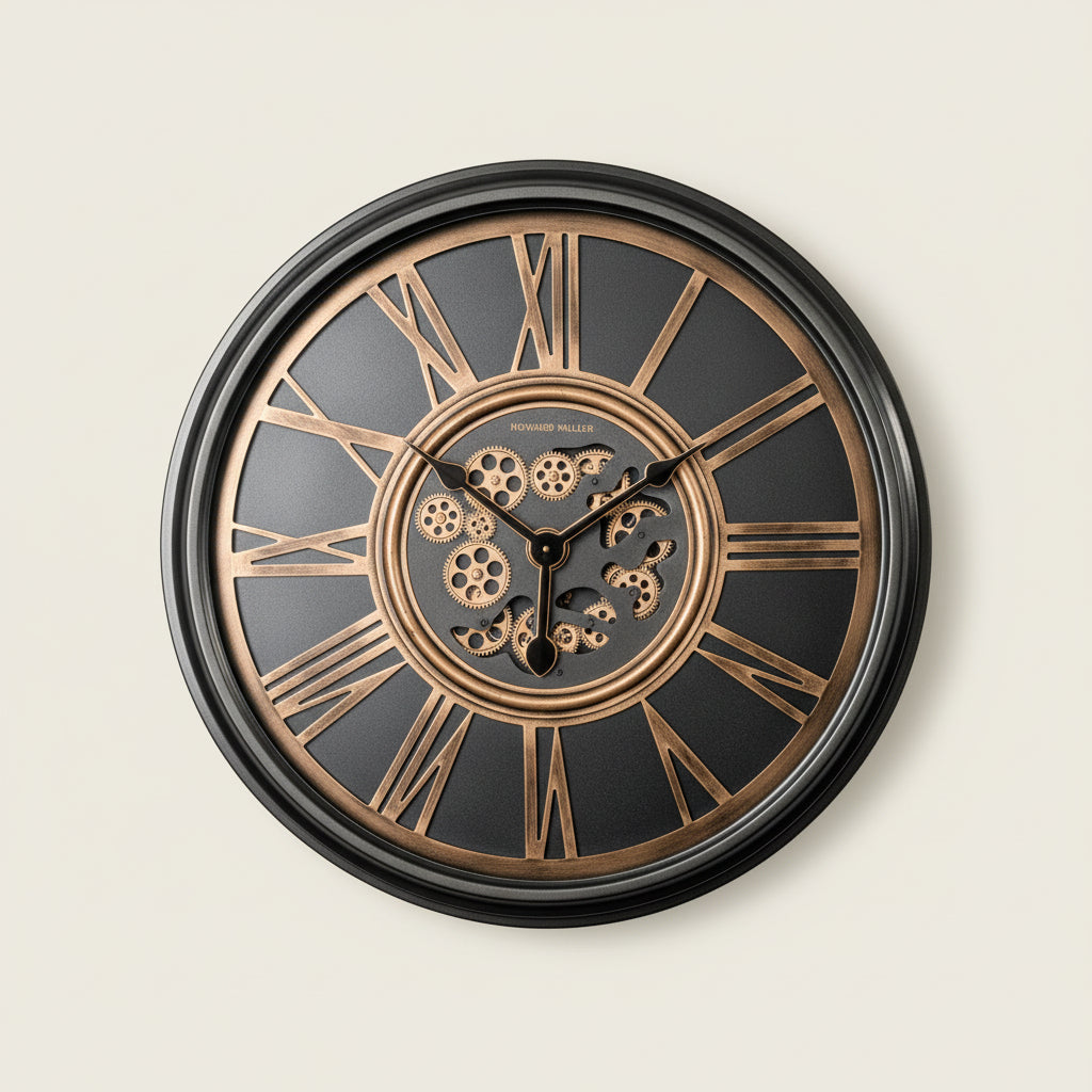 85cm diameter minimalist Howard Miller wall clock with large numbers and silent movement styled in a modern living room.