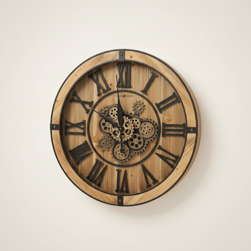 69cm Howard Miller oversized wall clock with wooden Roman numerals and weathered brown metal frame on a gallery wall.