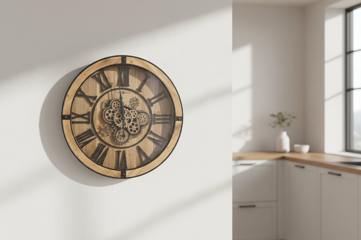 69cm Howard Miller oversized wall clock with wooden Roman numerals and weathered brown metal frame on a gallery wall.
