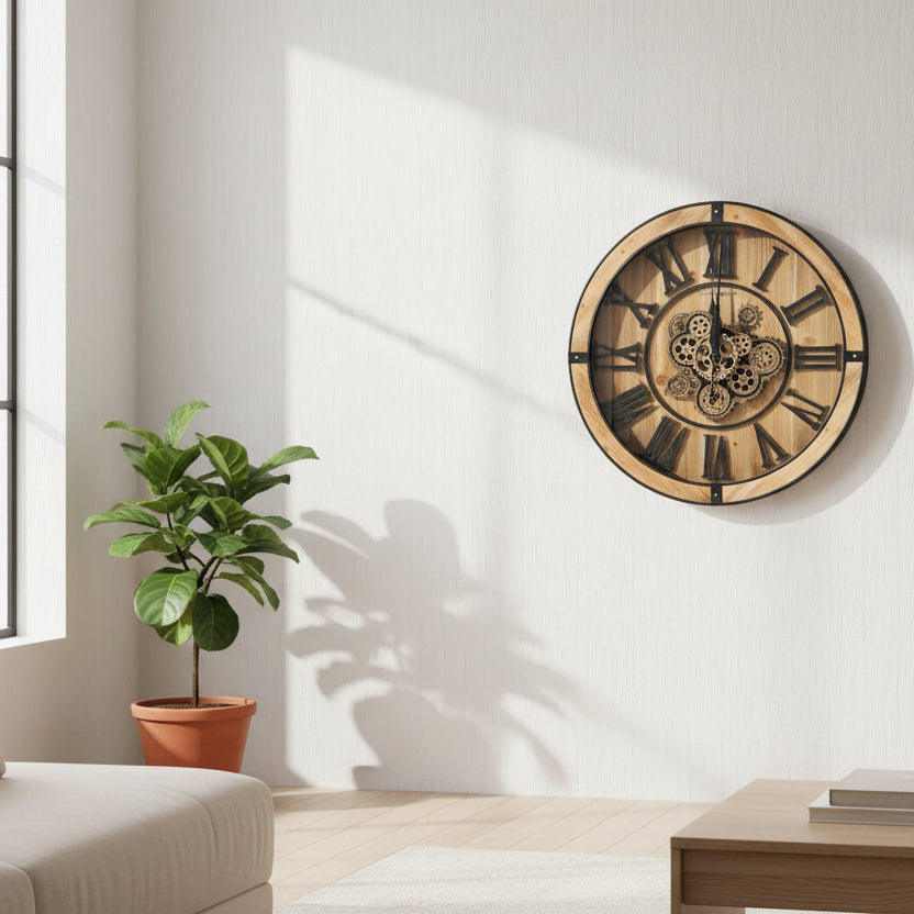 69cm Howard Miller oversized wall clock with wooden Roman numerals and weathered brown metal frame on a gallery wall.
