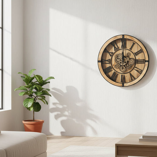 69cm Howard Miller oversized wall clock with wooden Roman numerals and weathered brown metal frame on a gallery wall.