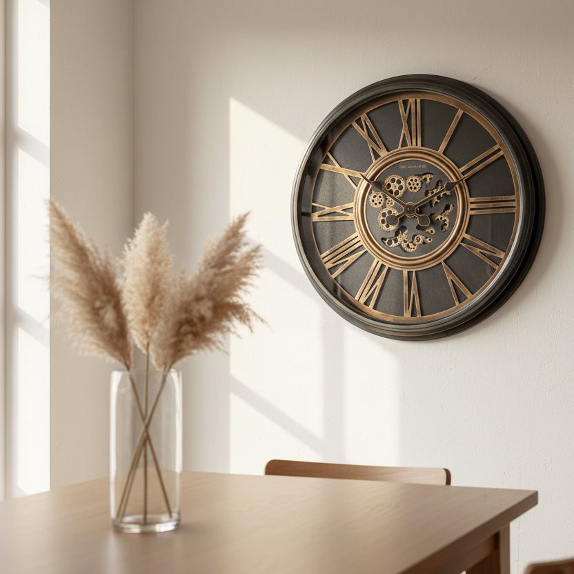 85cm diameter minimalist Howard Miller wall clock with large numbers and silent movement styled in a modern living room.