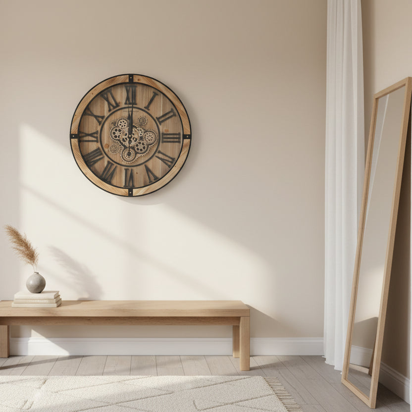 69cm Howard Miller oversized wall clock with wooden Roman numerals and weathered brown metal frame on a gallery wall.