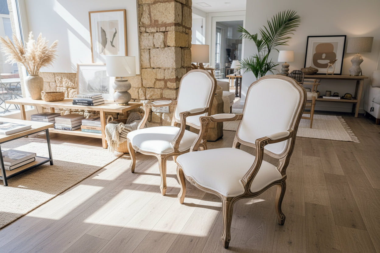 Natural linen upholstered Louis chair with carved wooden legs, 98cm height, French provincial style.