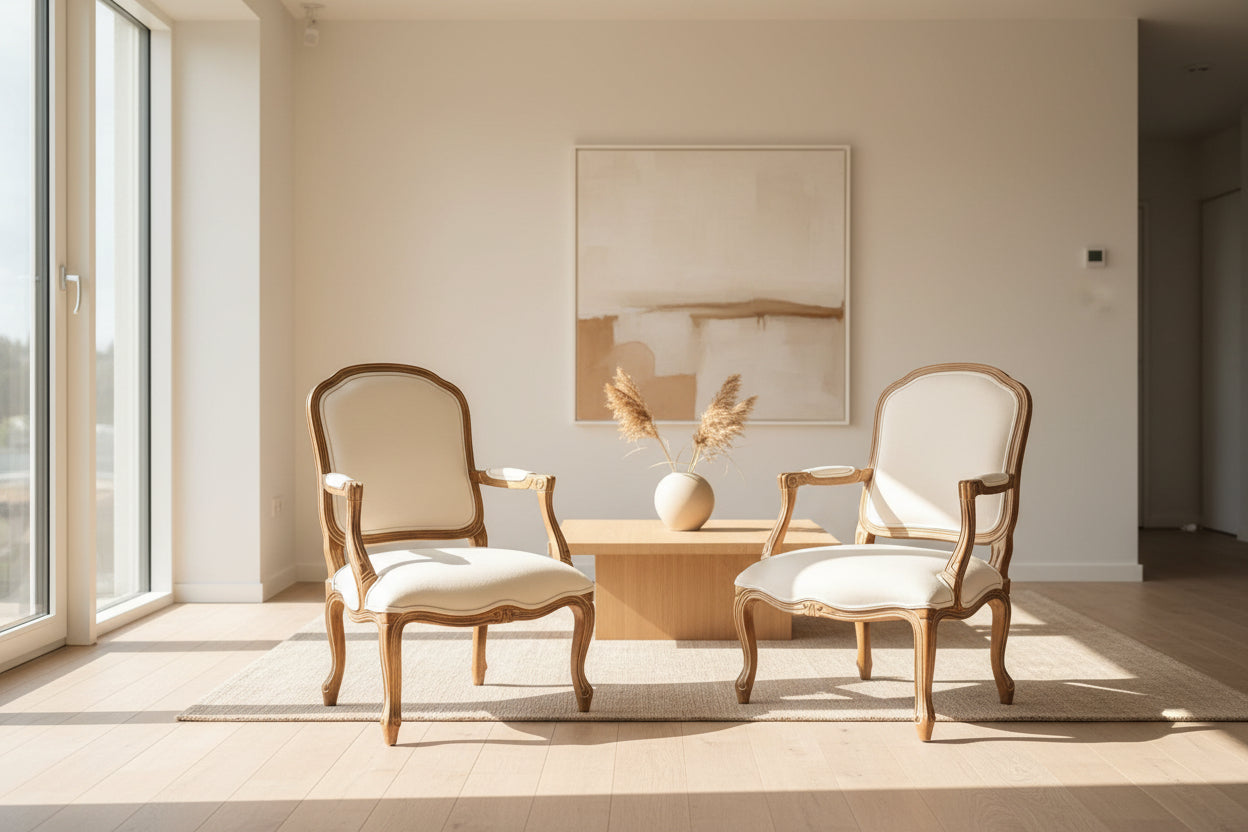 Natural linen upholstered Louis chair with carved wooden legs, 98cm height, French provincial style.