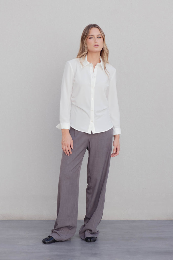 White Textured Shirt with Gathering & Pleated Detailing
