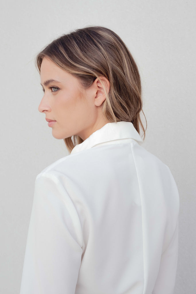 White Textured Shirt with Gathering & Pleated Detailing