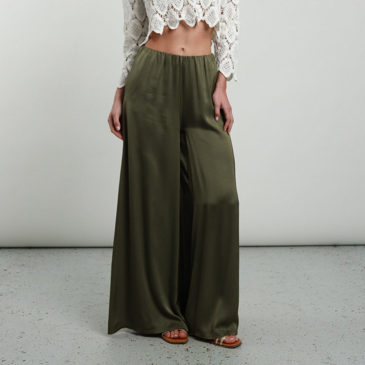 Wide Satin Effect Trousers with Elastic Waist – Sage