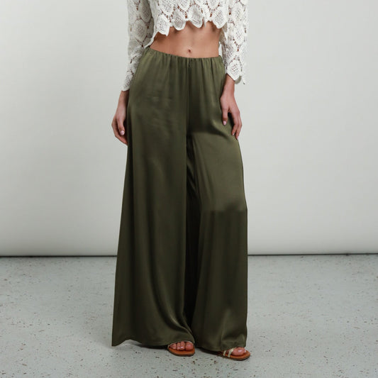 Wide Satin Effect Trousers with Elastic Waist – Sage