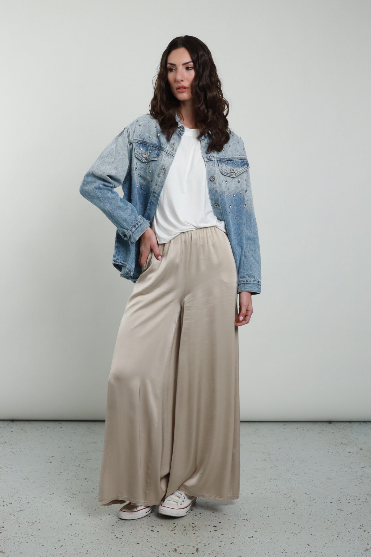 Wide Satin Effect Trousers with Elastic Waist – Latte