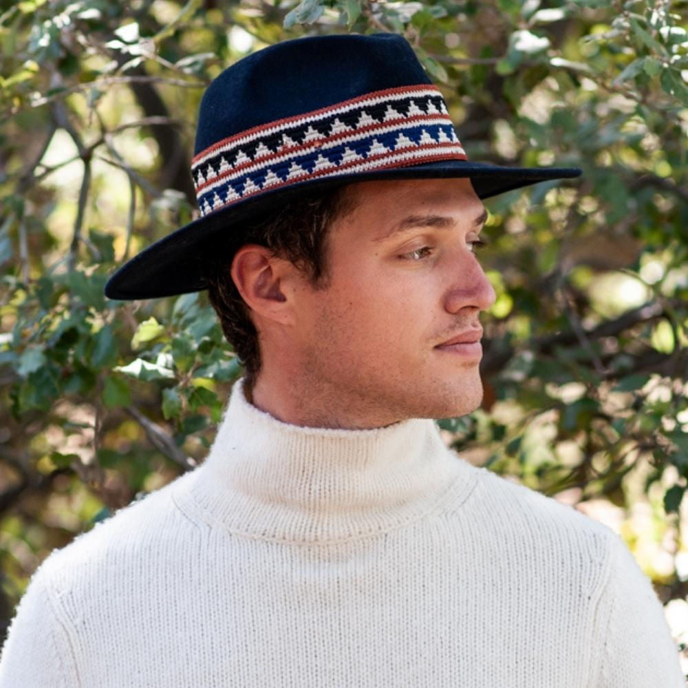 Wool Fedora Navy Wide Brim Woven Braid Band Hat – Designed in France, Made in Italy