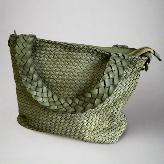 Woven Leather Handbag-Sage