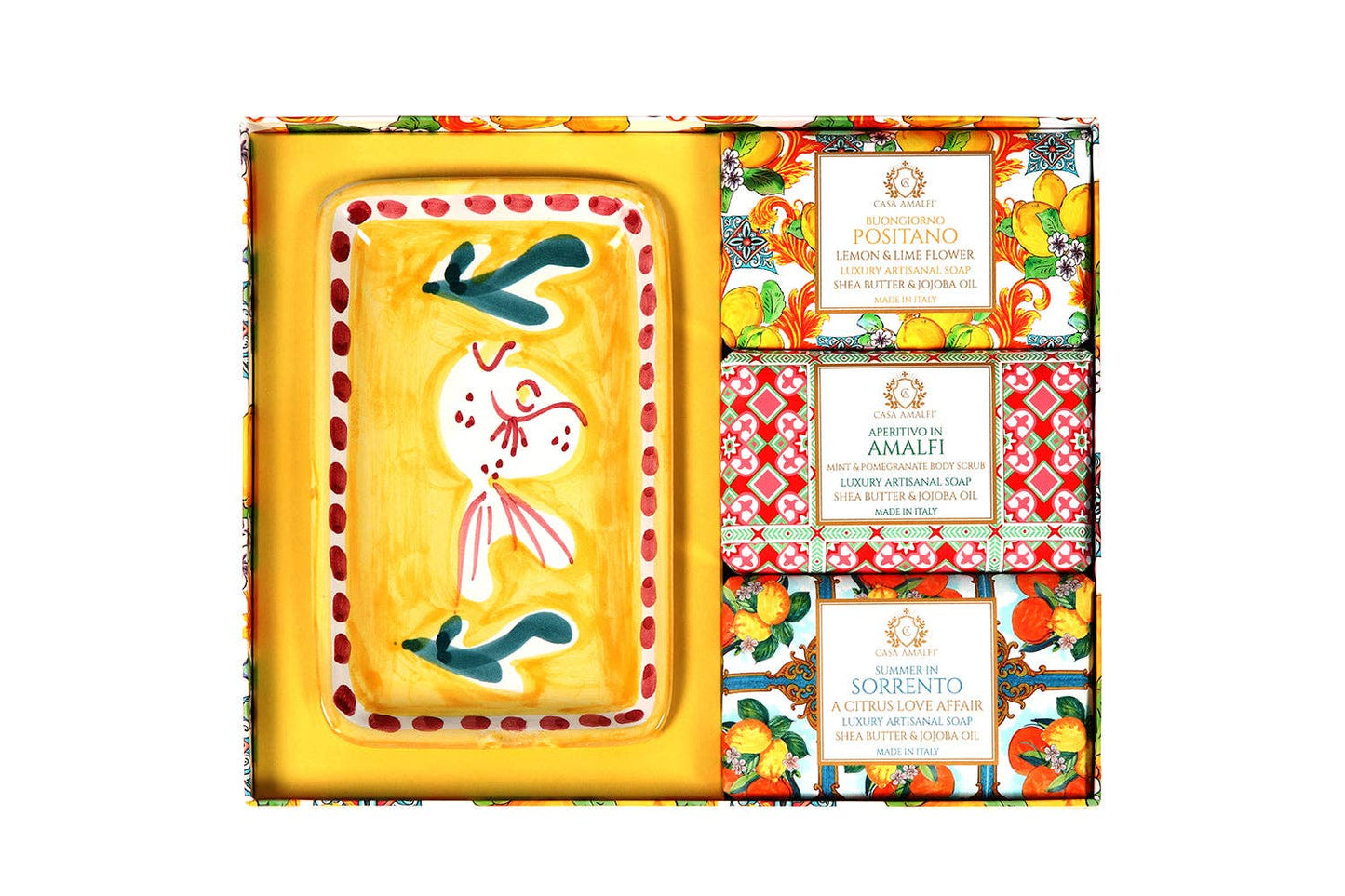 Exclusive Maiolica gift box containing three Italian soaps and a blue and yellow hand-painted ceramic soap dish from the Amalfi Coast.