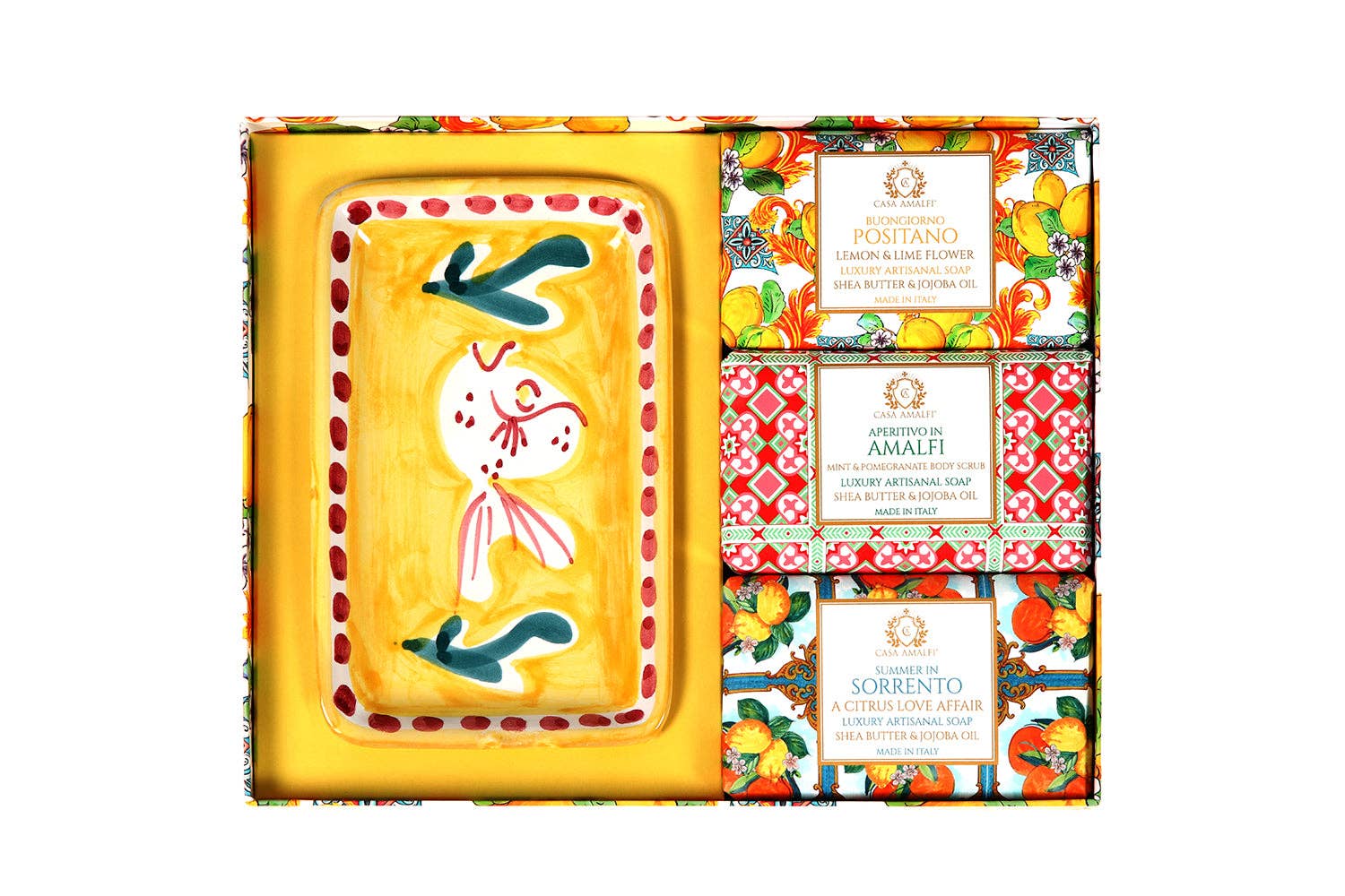 Exclusive Maiolica gift box containing three Italian soaps and a blue and yellow hand-painted ceramic soap dish from the Amalfi Coast.