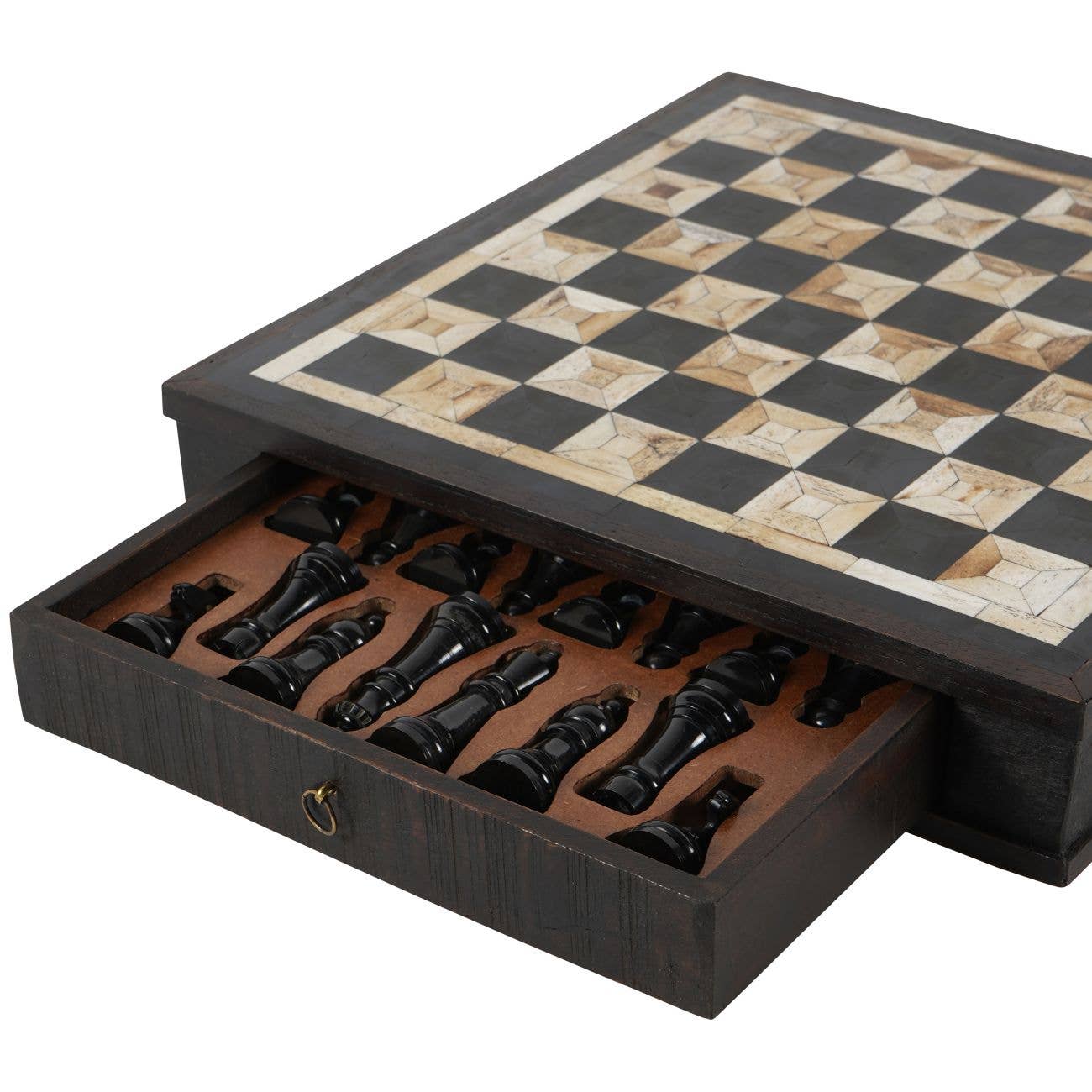 Luxury Hand-Polished Wooden Chess Set with Integrated Storage Drawer
