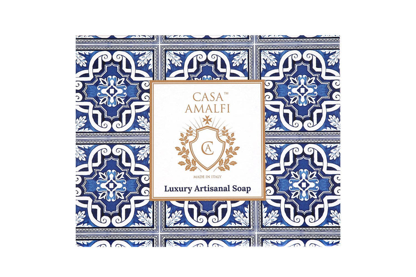 Exclusive Maiolica gift box containing three blue and white themed Italian soaps and a hand-painted ceramic soap dish from the Amalfi Coast.