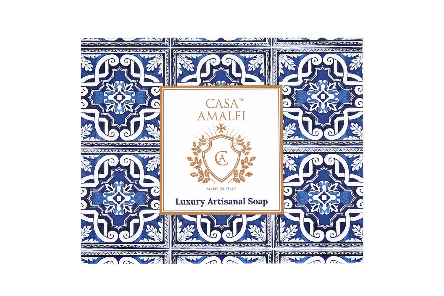 Exclusive Maiolica gift box containing three blue and white themed Italian soaps and a hand-painted ceramic soap dish from the Amalfi Coast.