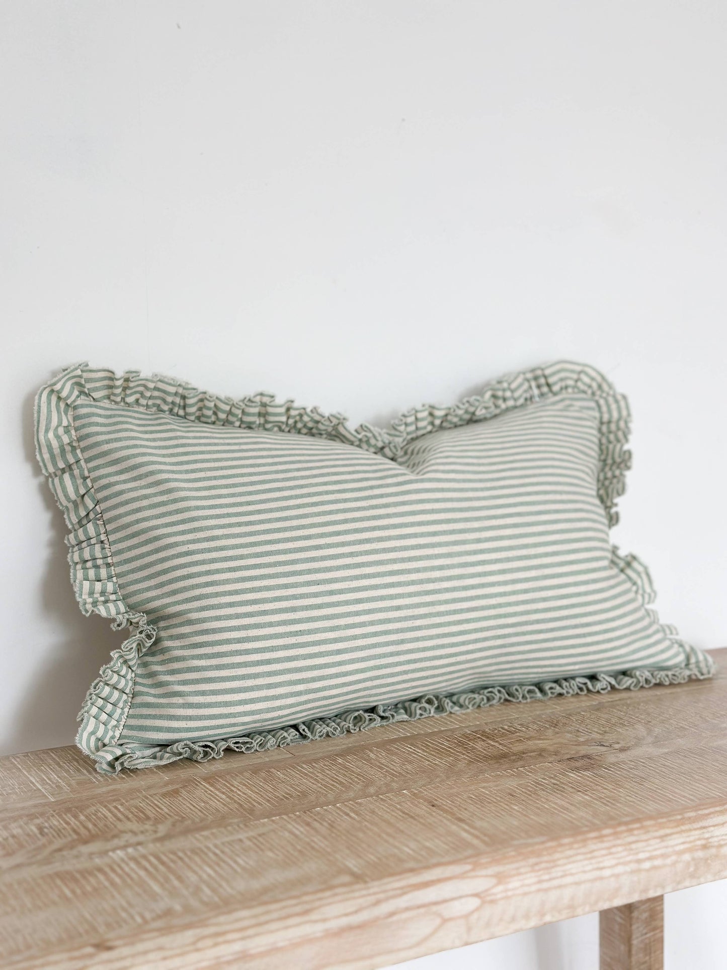 Sage Green Ruffled Cushion – 50 x 30 cm (Feather Pad Included)