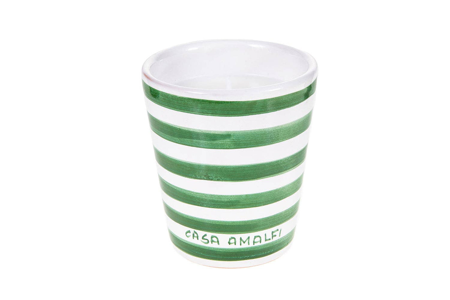A luxury hand-painted ceramic candle with blue and white stripes, scented with bitter orange and mint, inspired by the Amalfi Coast.
