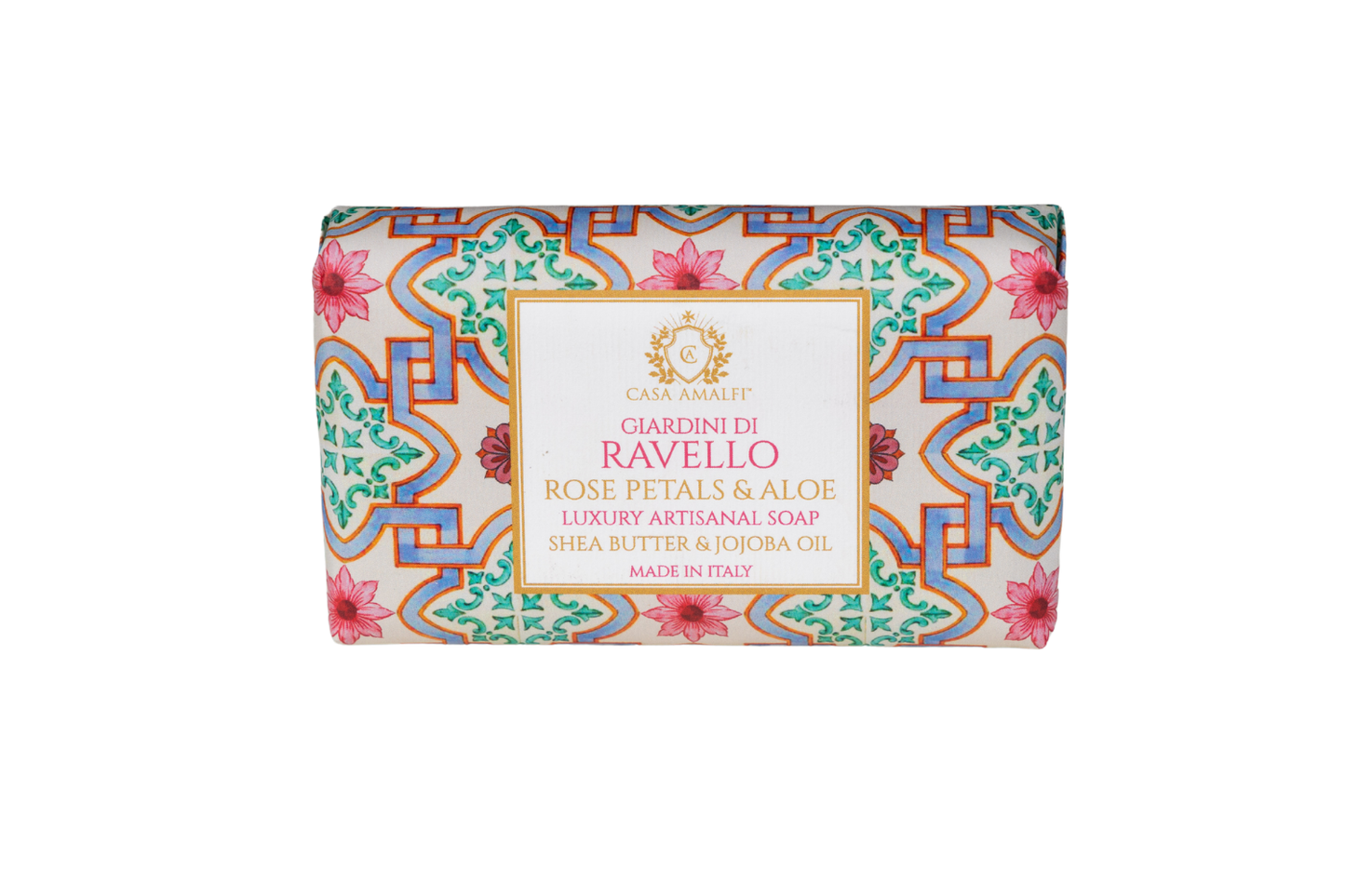 Decorative soap bar with colorful packaging on a white background