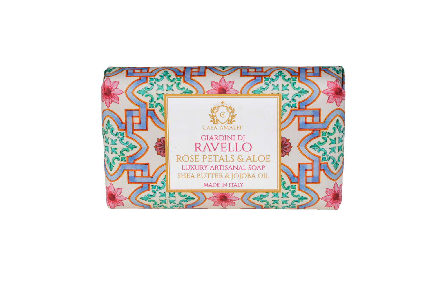 Decorative soap bar with colorful packaging on a white background