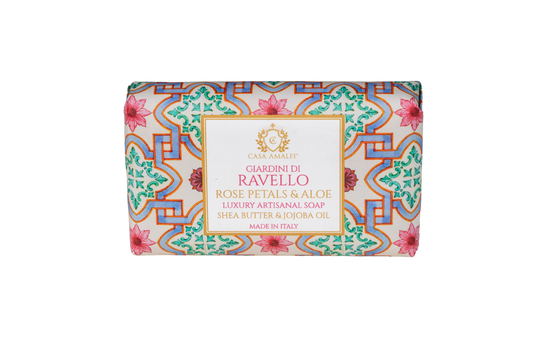 Decorative soap bar with colorful packaging on a white background