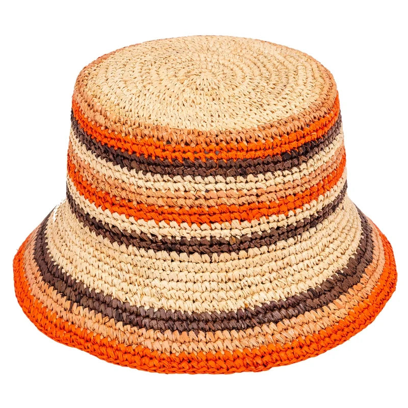 Checkerboard Raffia Bucket Hat – Orange & Brown | Luxury Handwoven Sun Hat