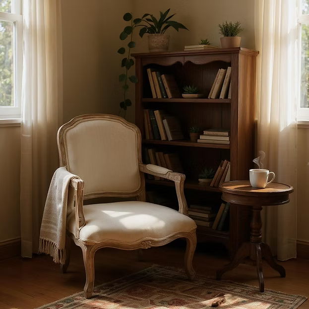 Natural linen upholstered Louis chair with carved wooden legs, 98cm height, French provincial style.