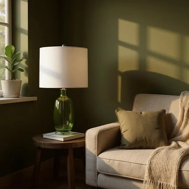 62cm Smoked Green Glass Table Lamp & Linen Shade – Mid-Century Inspired Elegance